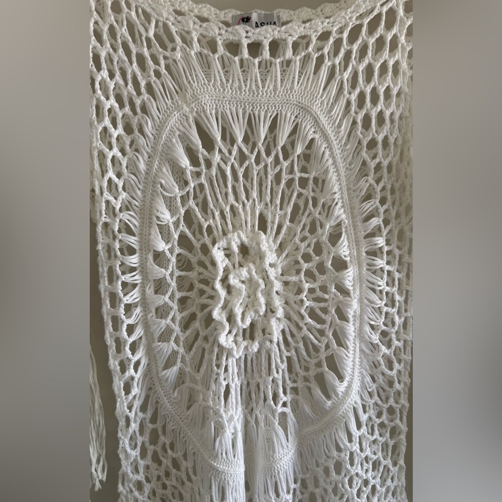 ASHA Crochet Knit Boho Fringe Tunic Handcrafted Look Beach Festival Cover Up S - Picture 2 of 5
